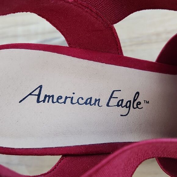 💜American Eagle Red Suede Open Toe Wedge Sandals Size 8.5 - Picture 11 of 12
